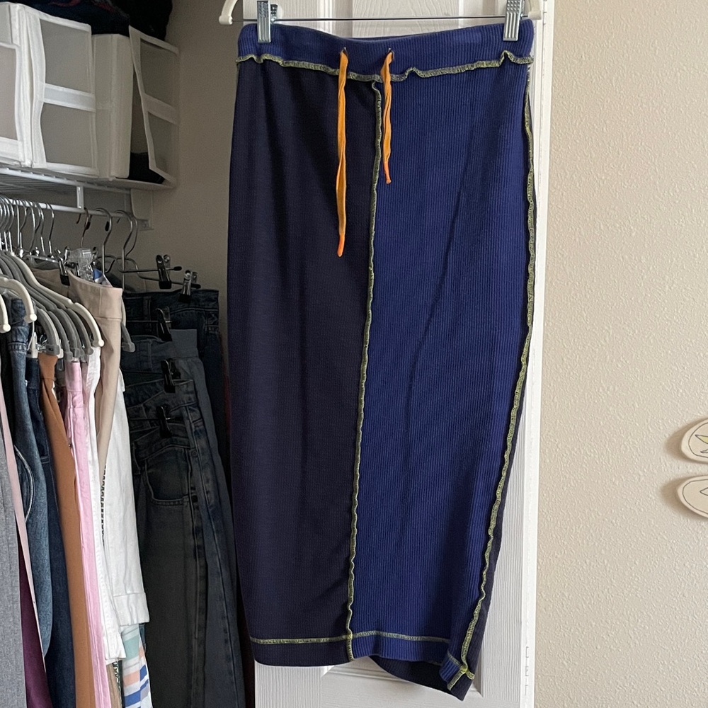 Navy Blue Midi Skirt with Orange Accents